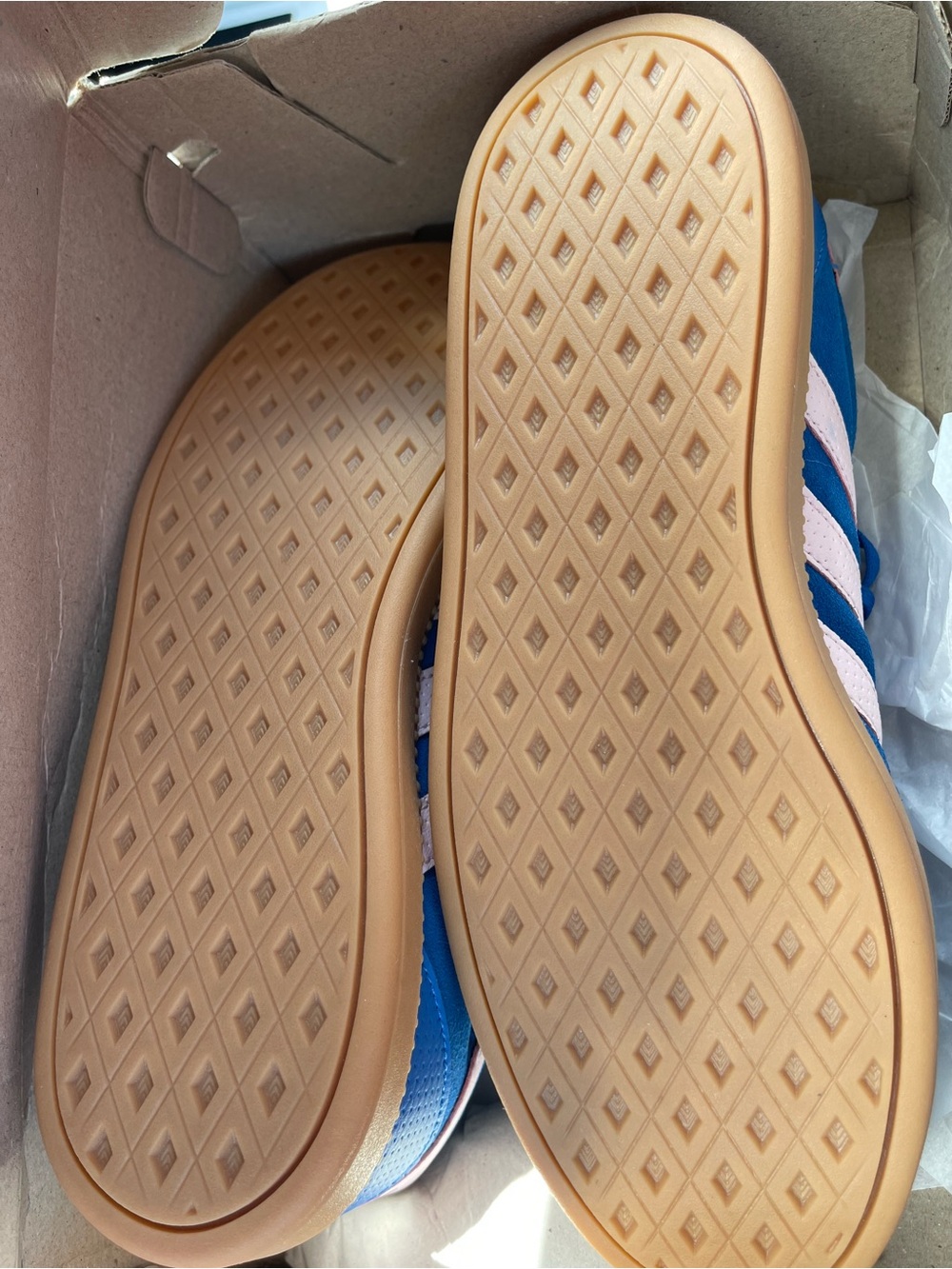 Adidas Women’s Blue Suede Sneakers with White Stripes and Gum Sole - Picture 3 of 3